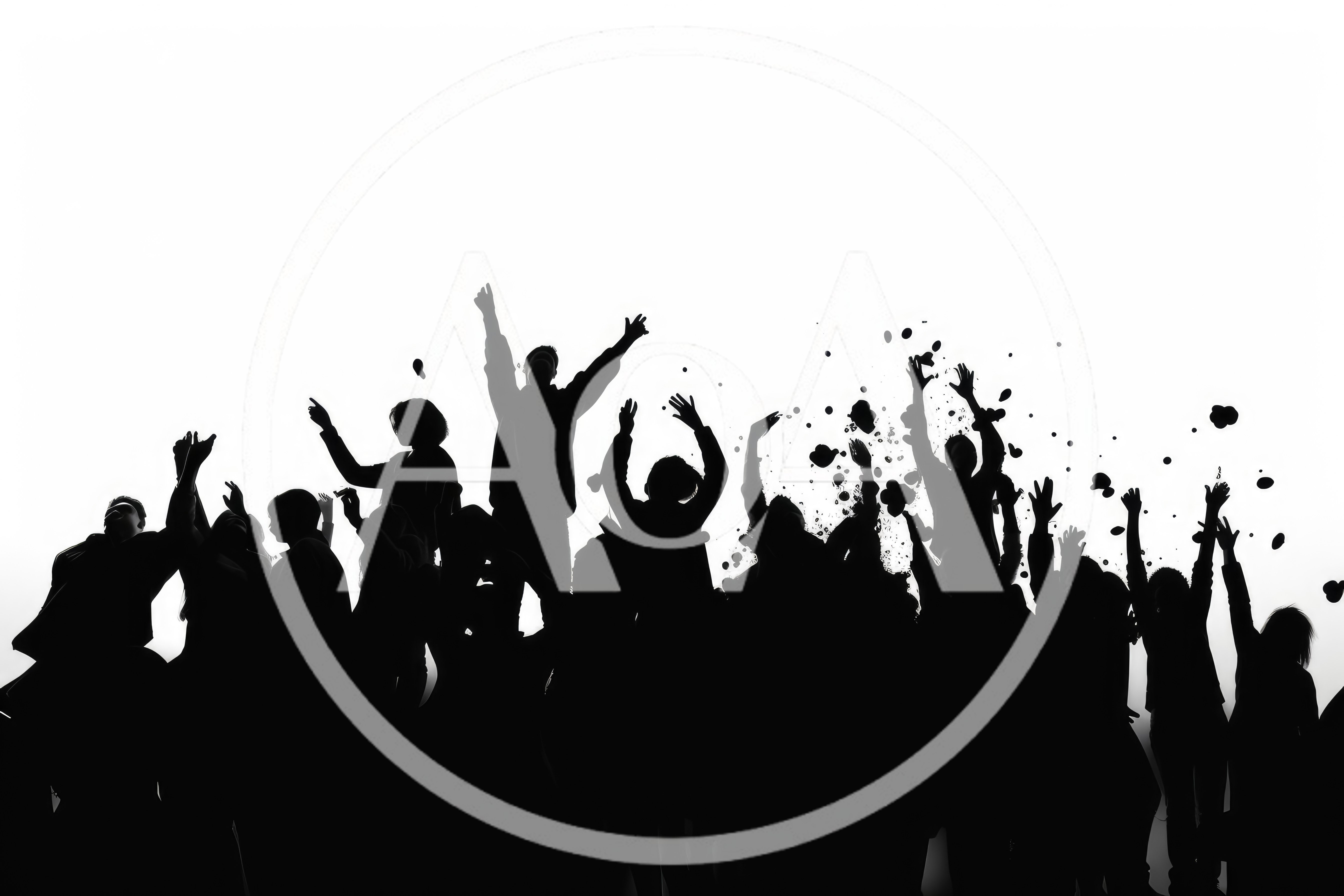 Silhouetted Crowd Celebrating With Confetti Against White Background