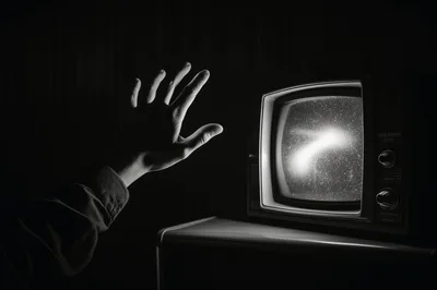 Hand Reaching Toward A Vintage Television Screen