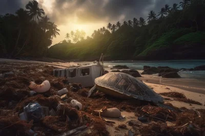 Sea Turtle Near Plastic Waste On Tropical Beach