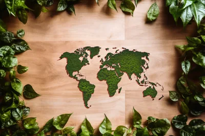 World Map Made Of Green Moss On Wooden Surface