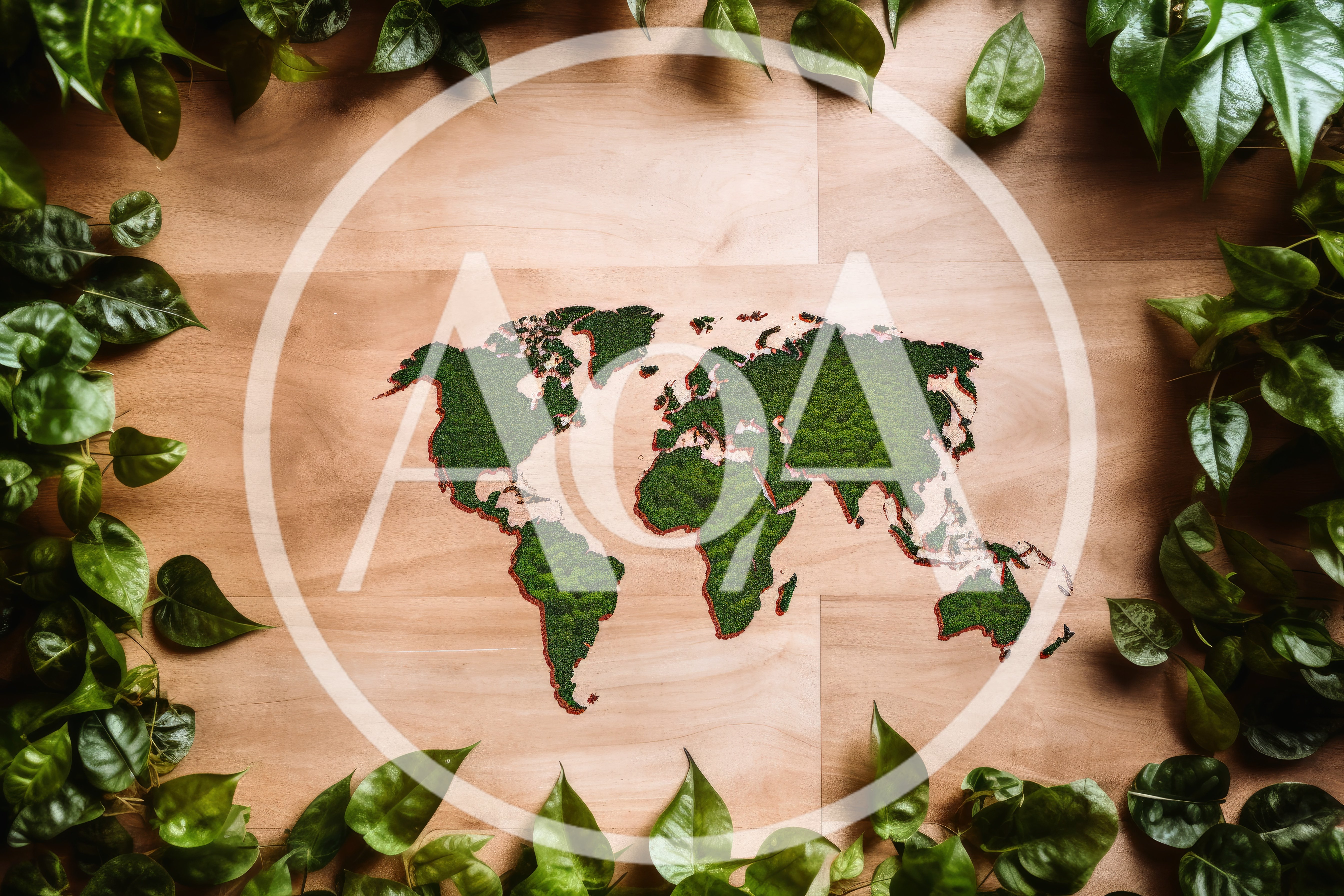 World Map Made Of Green Moss On Wooden Surface