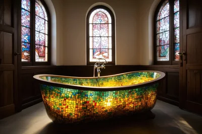 Stained Glass Mosaic Bathtub in Elegant Bathroom