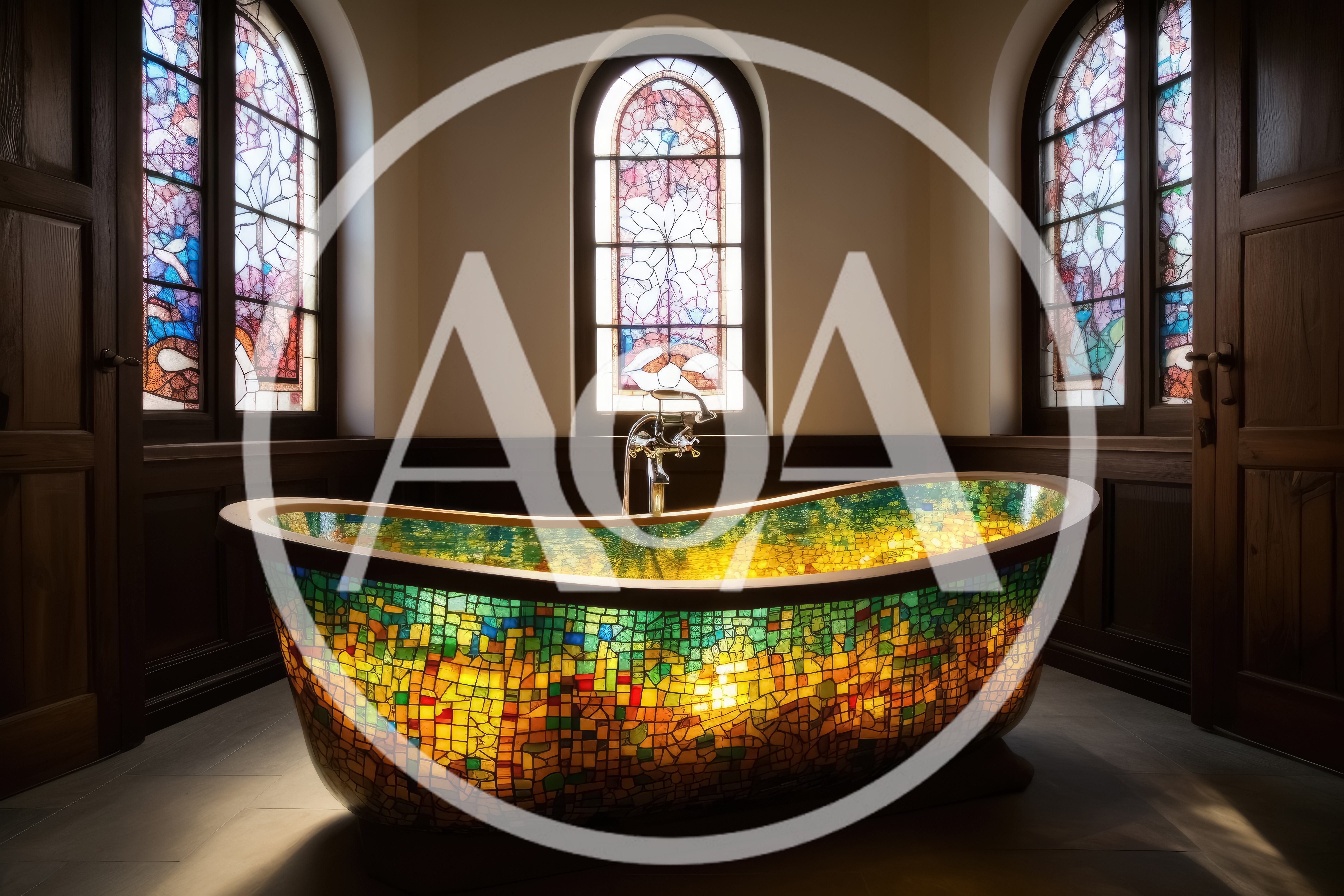 Stained Glass Mosaic Bathtub in Elegant Bathroom