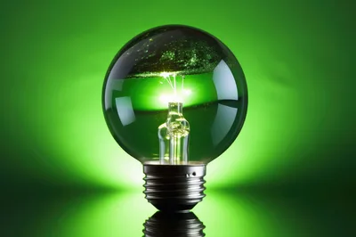 Glowing Green Light Bulb On Reflective Surface