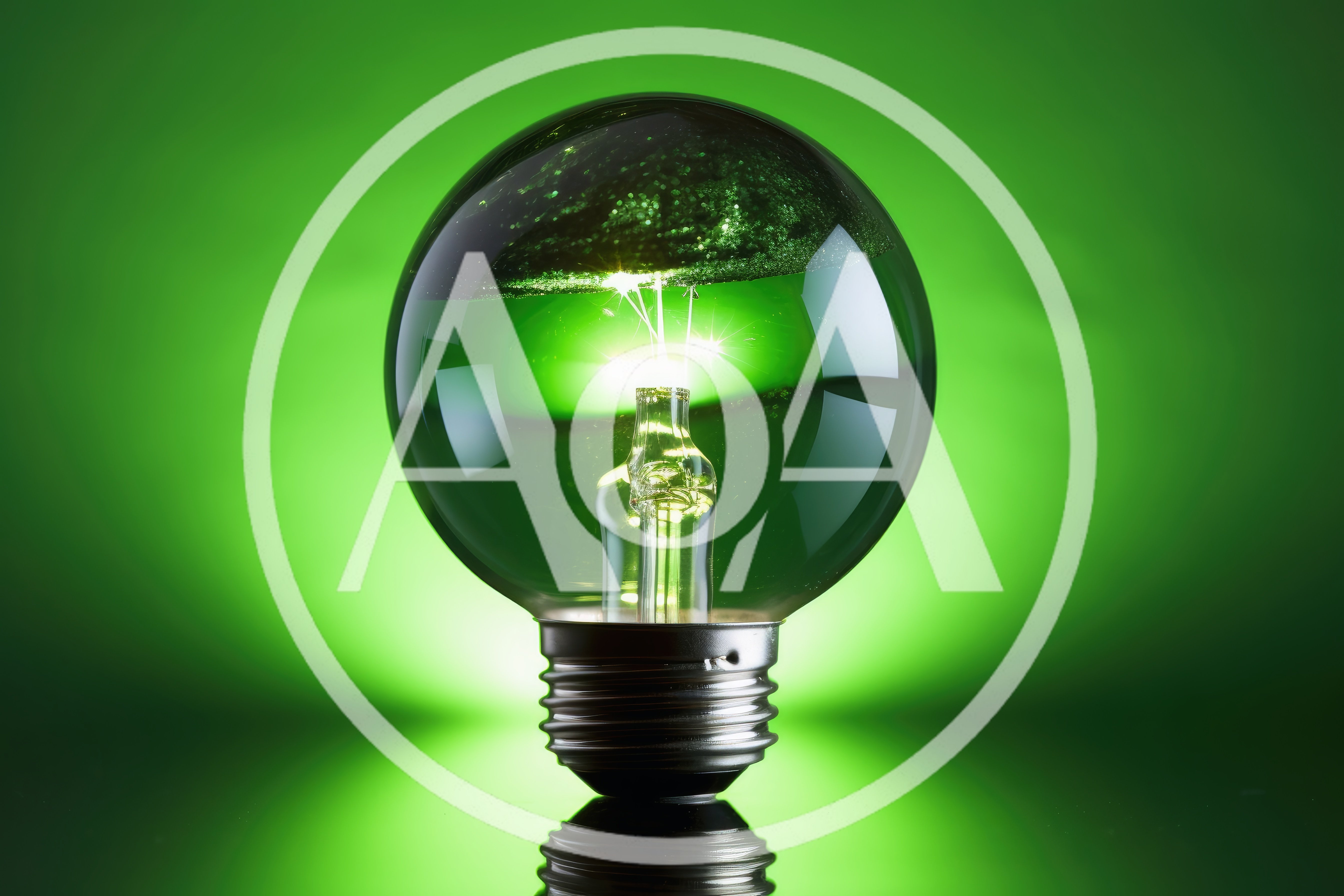 Glowing Green Light Bulb On Reflective Surface