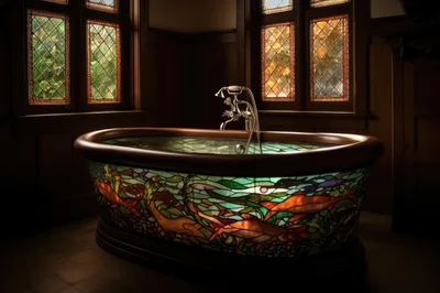 Stained Glass Bathtub in a Dark Wood Paneled Bathroom