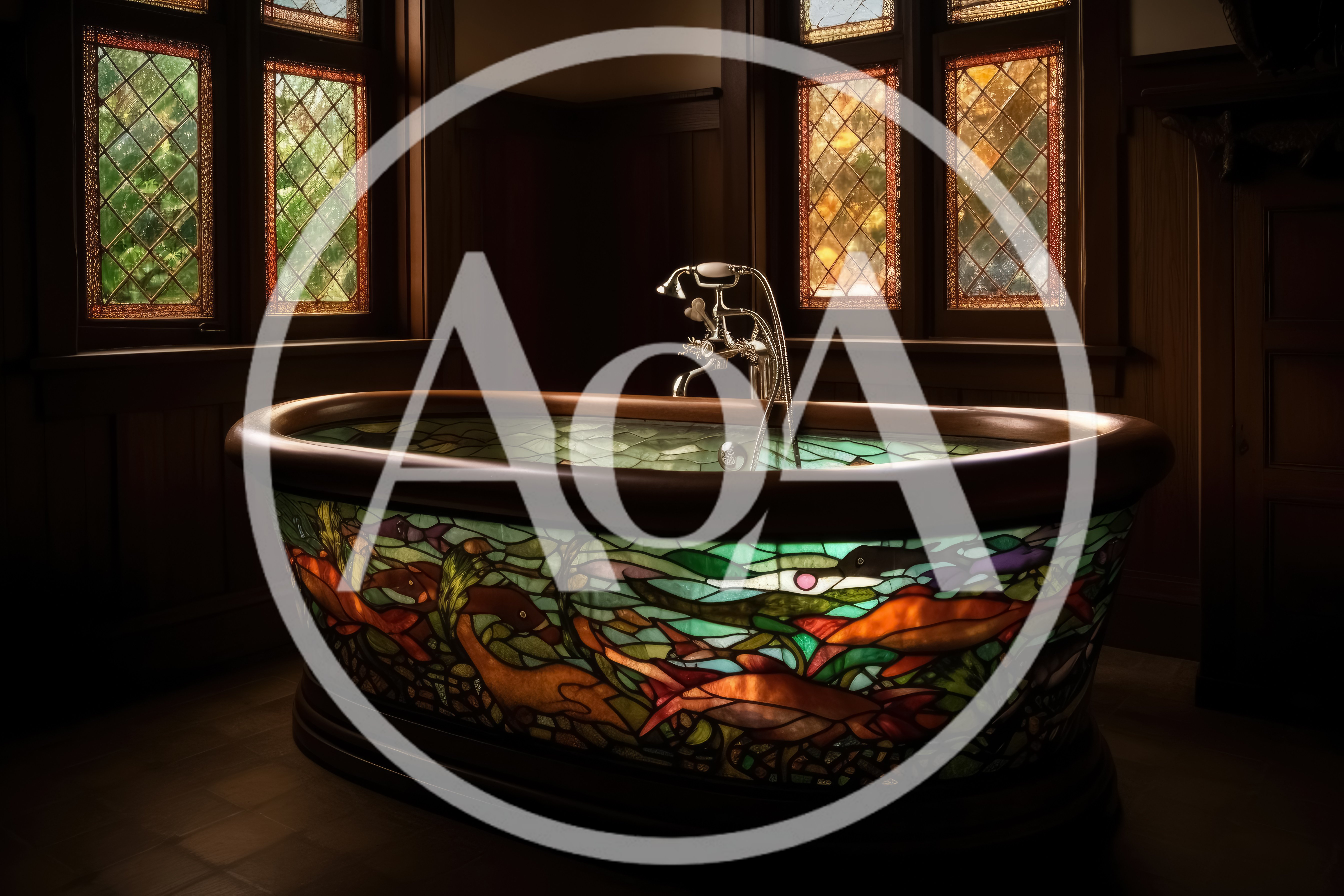 Stained Glass Bathtub in a Dark Wood Paneled Bathroom
