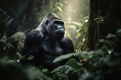 Silverback Gorilla Sitting In A Lush Tropical Rainforest