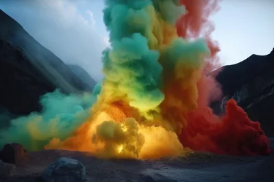 Vibrant Multi-Colored Smoke Explosion In Mountainous Landscape