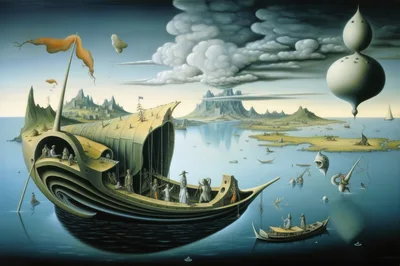 Surreal Fantasy Landscape With Floating Ships And Structures