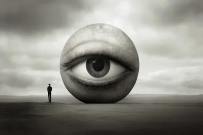 Surreal Giant Eye Sphere With Standing Man