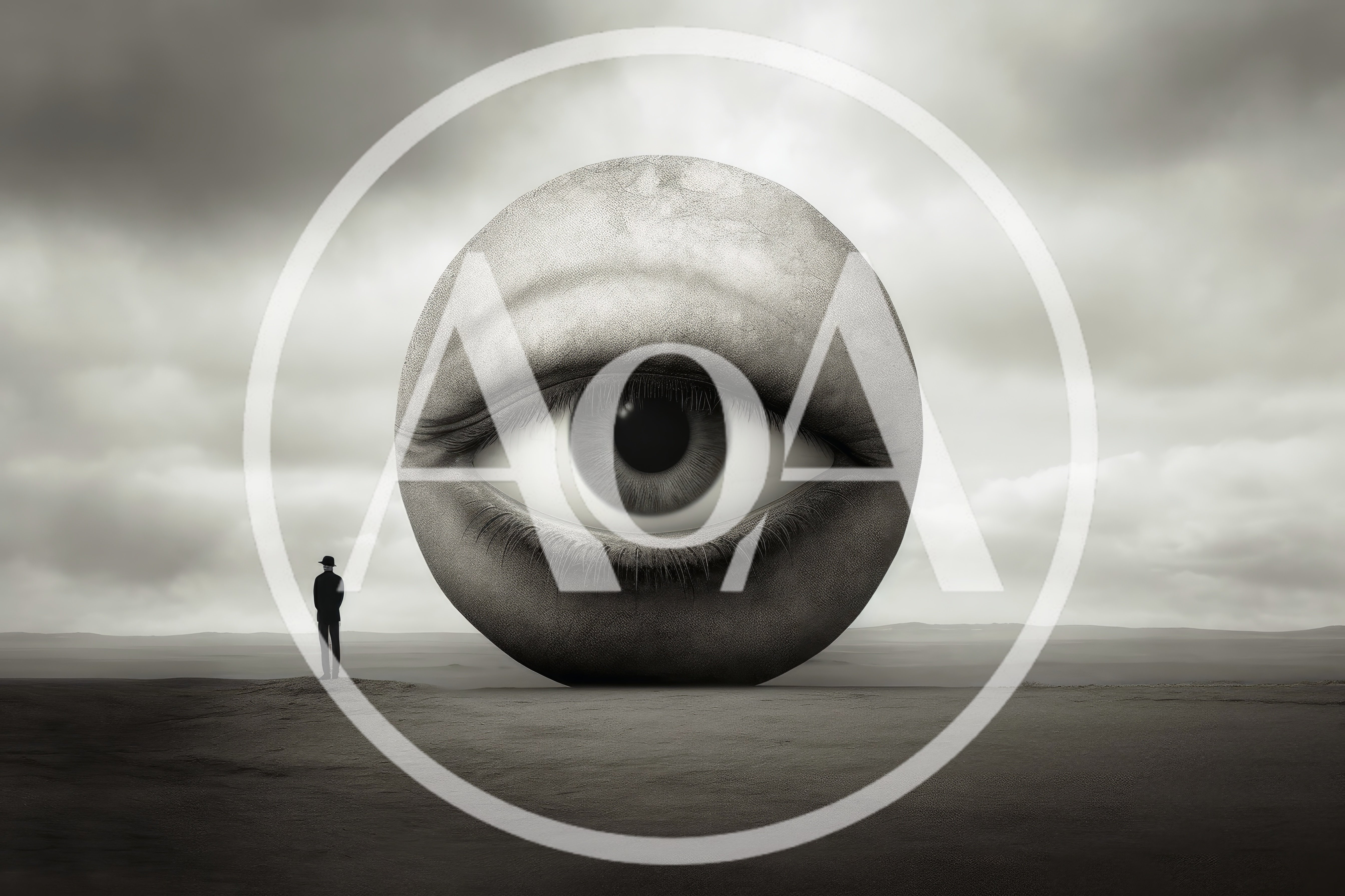 Surreal Giant Eye Sphere With Standing Man