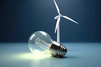 Wind Turbine Model Next To A Glowing Light Bulb
