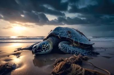 Sea Turtle Resting on Sandy Beach at Sunset