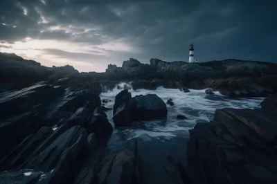 Lighthouse Standing On Rugged Rocky Coastline At Sunset