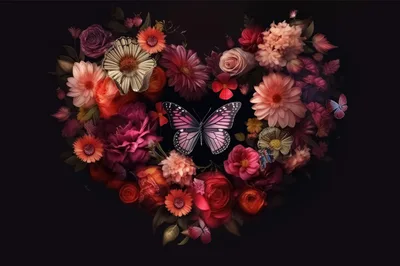 Heart Shaped Floral Arrangement With A Central Butterfly