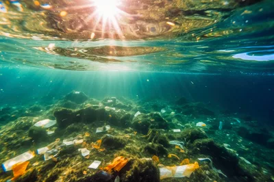 Underwater View Of Plastic Pollution In Ocean