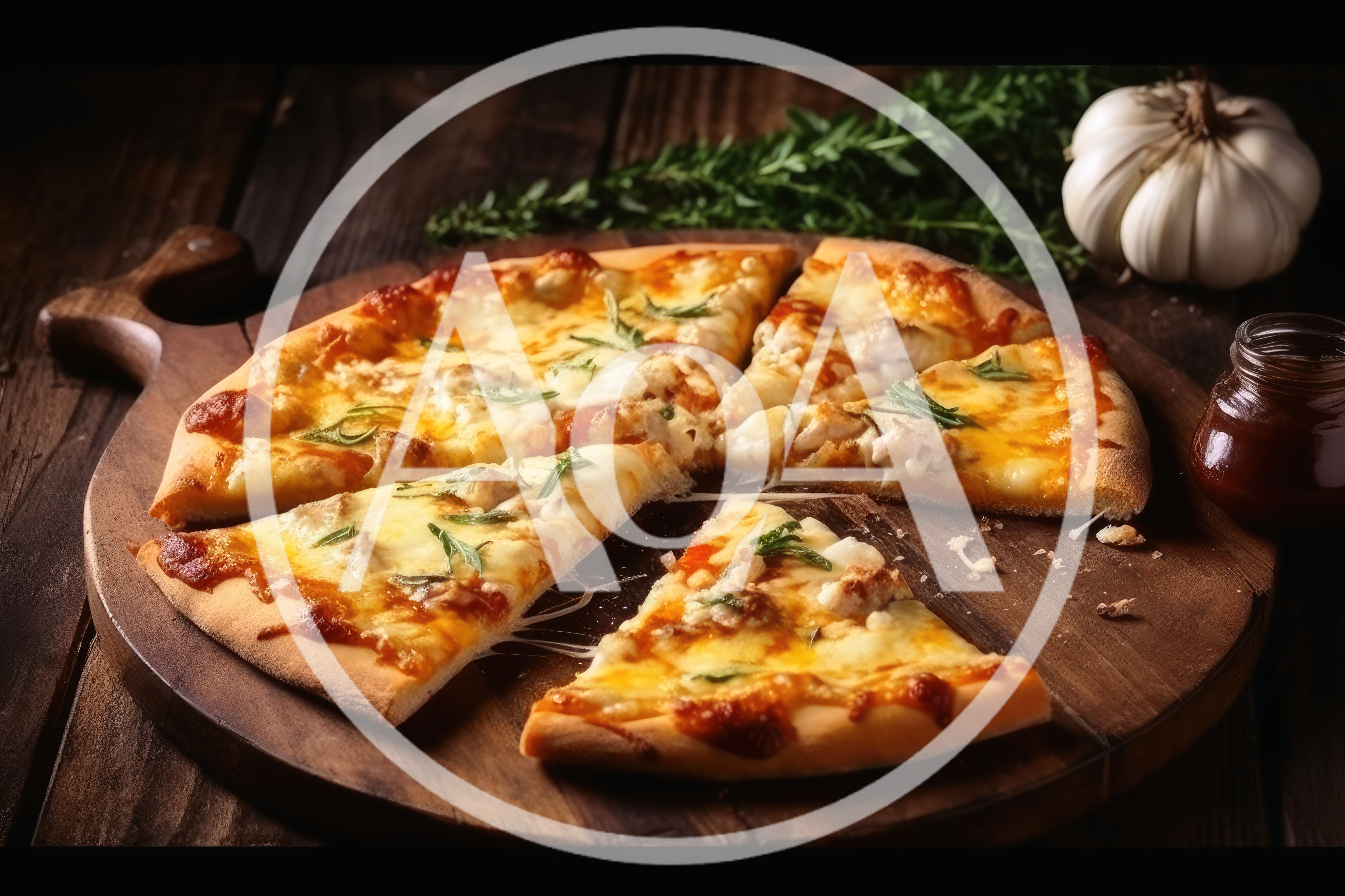 Freshly Baked Pizza Slices On A Wooden Serving Board