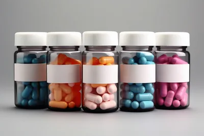 Five Glass Pill Bottles With Colorful Capsules