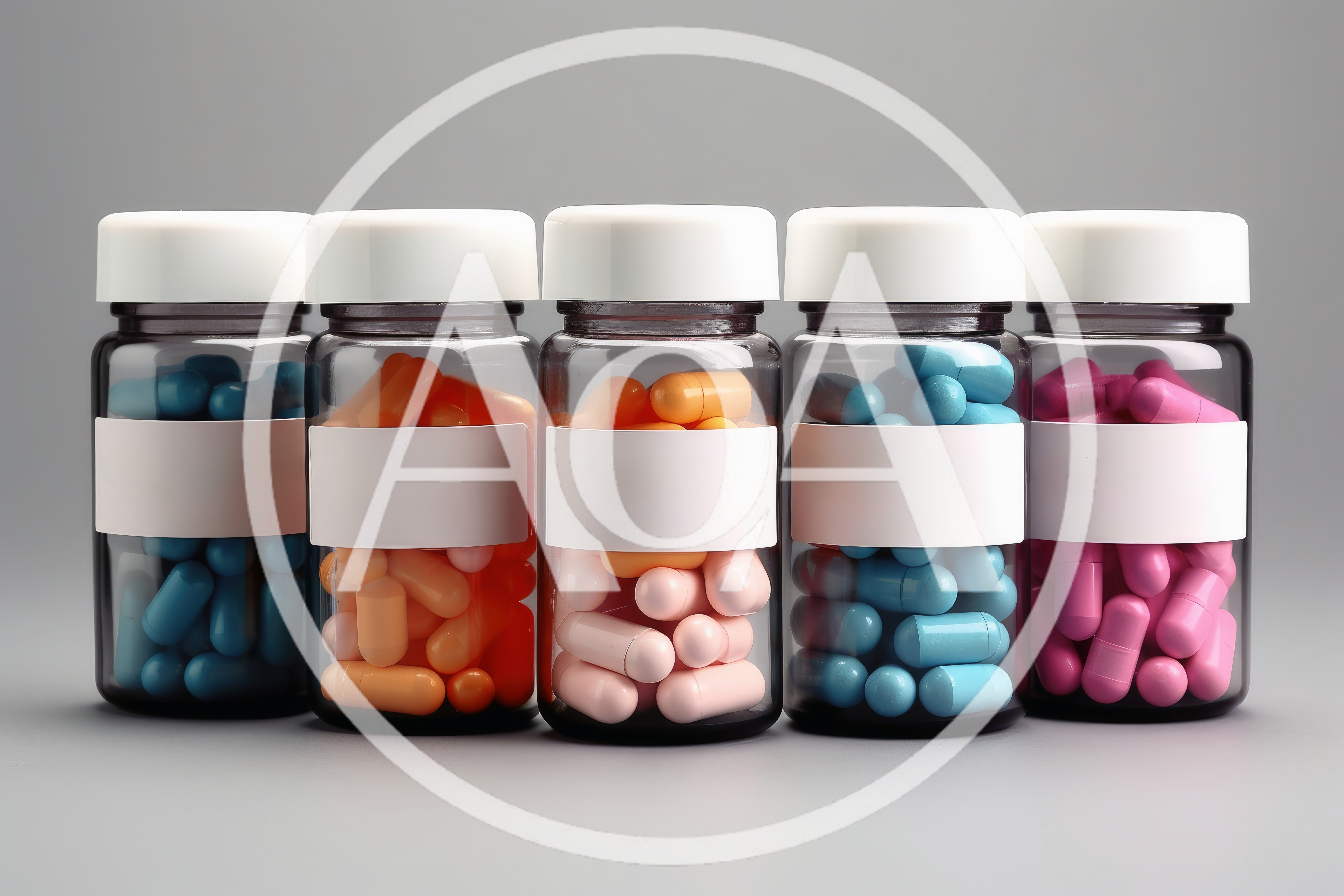 Five Glass Pill Bottles With Colorful Capsules