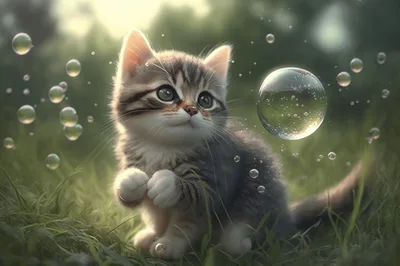 Adorable Tabby Kitten Playing With Floating Bubbles Outdoors