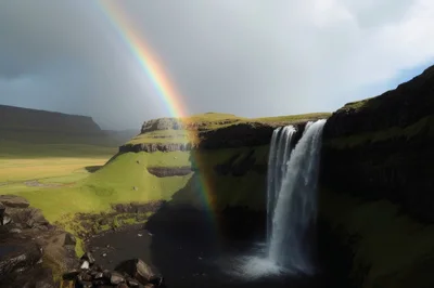 Majestic Waterfall With Rainbow Over Lush Green Icelandic Landscape