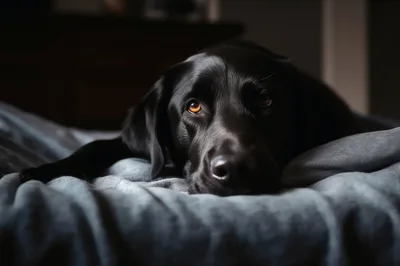 Black Labrador Retriever Resting On A Soft Bed
