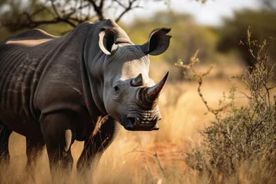 White Rhinoceros Standing In African Savanna Grassland
