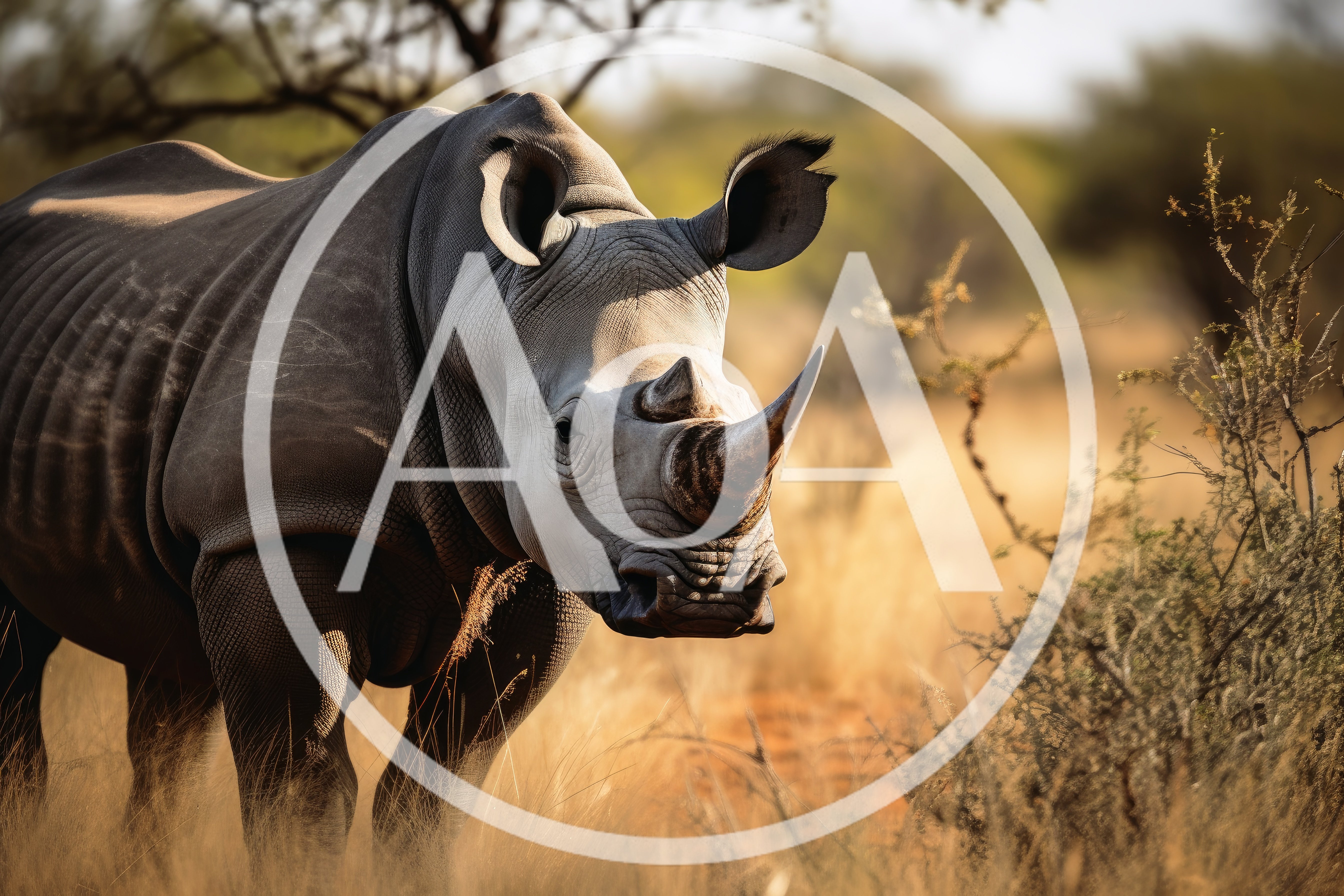 White Rhinoceros Standing In African Savanna Grassland