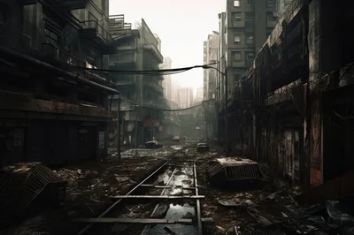 Post-Apocalyptic Ruined City Street With Abandoned Railway Tracks