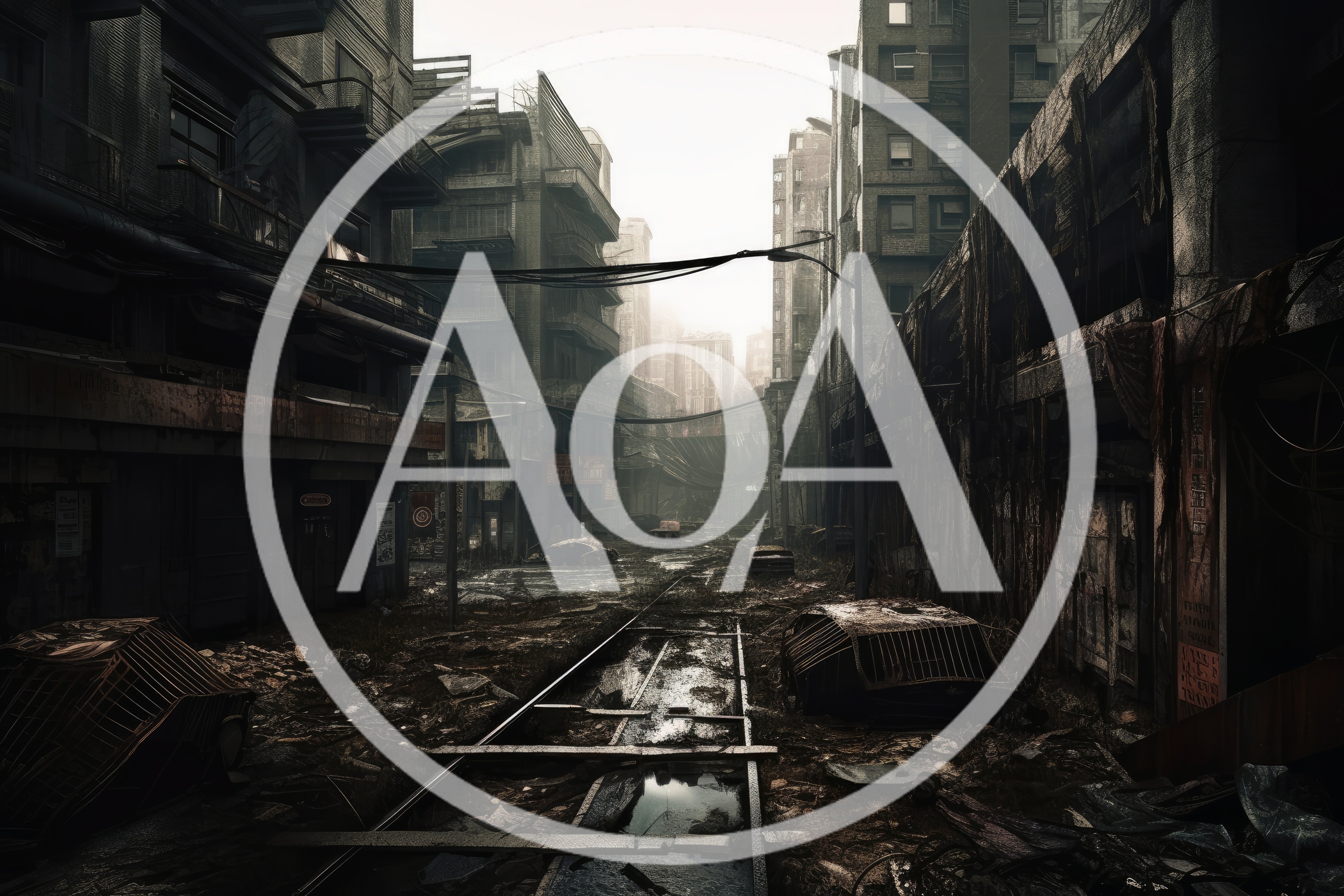 Post-Apocalyptic Ruined City Street With Abandoned Railway Tracks