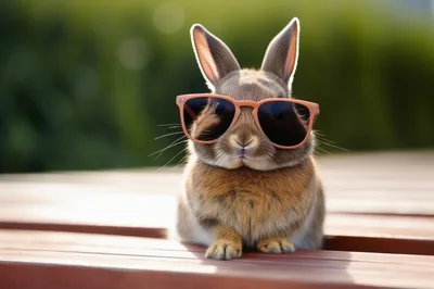 Cute Brown Rabbit Wearing Pink Sunglasses Outdoors