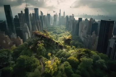 Aerial View Of A Futuristic Overgrown Central Park