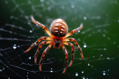 Orb Weaver Spider Resting on Dewy Web