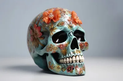 Decorative Floral Painted Human Skull Art Piece
