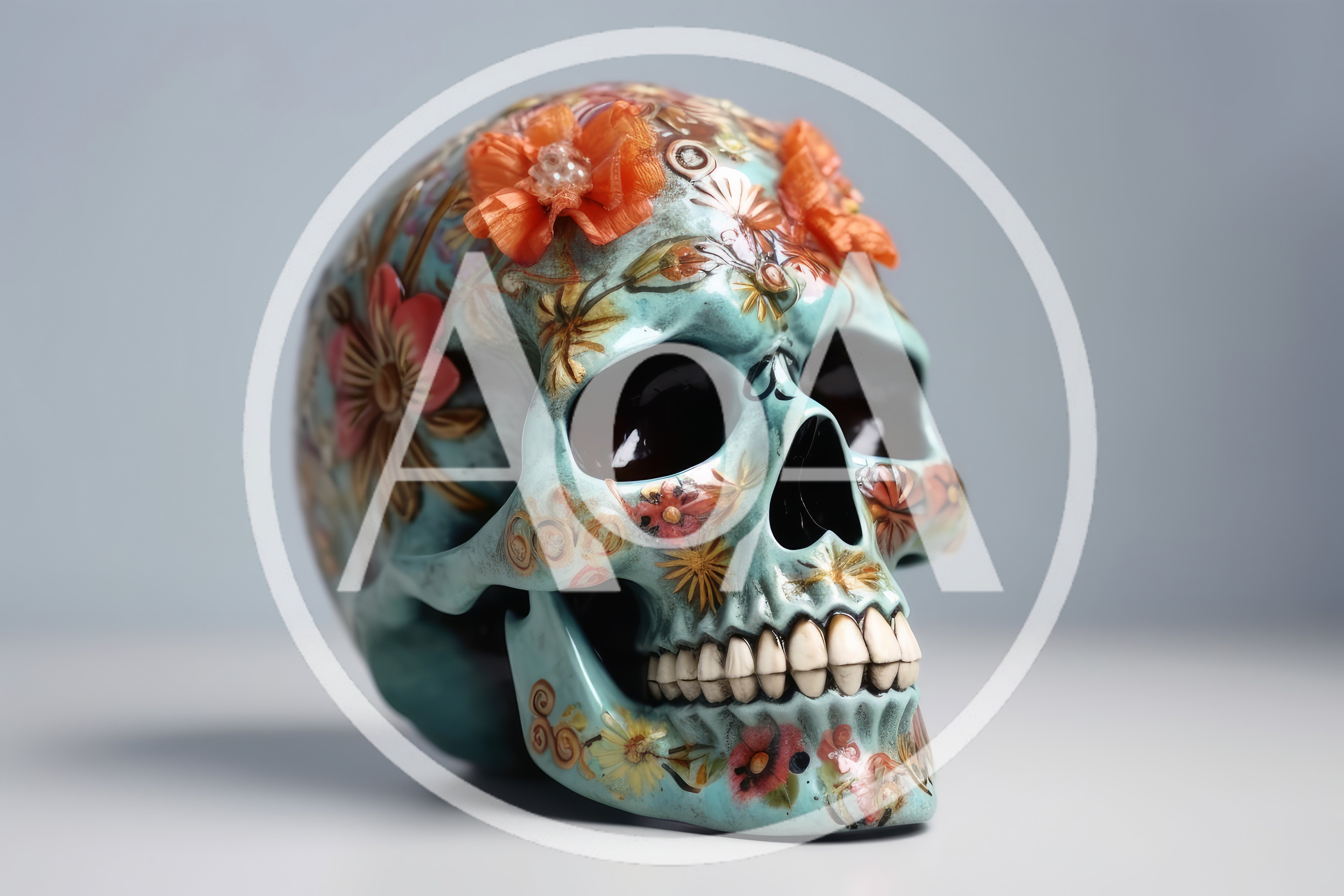 Decorative Floral Painted Human Skull Art Piece