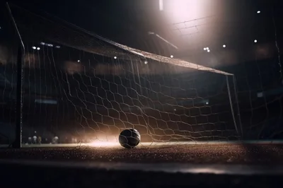 Soccer Ball Resting Inside A Stadium Goal Net