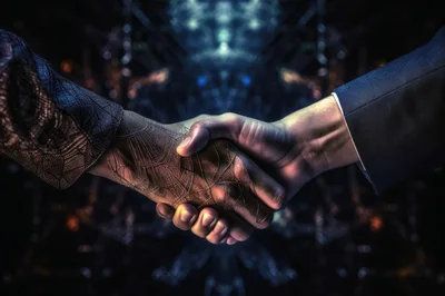 Digital Human And Robot Handshake In Cybernetic Space