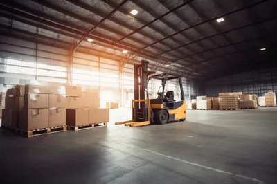 Yellow Forklift Parked In A Large Industrial Warehouse