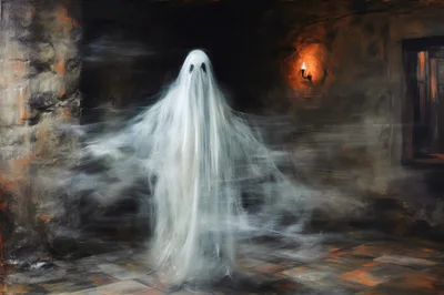 Ethereal Ghost Floating In A Dark Stone Chamber