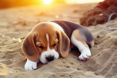 Cute Beagle Puppy Resting On Sandy Beach