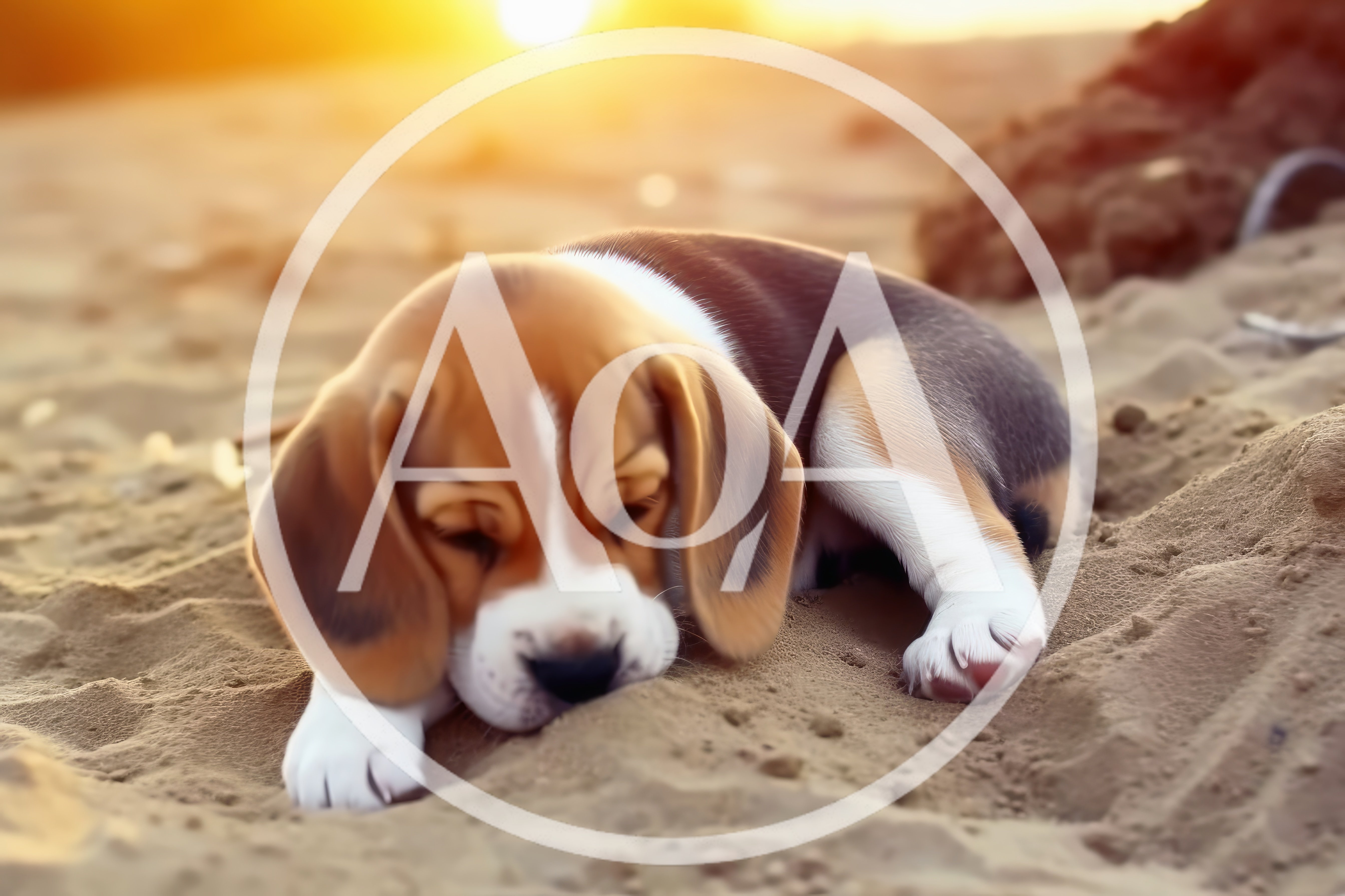 Cute Beagle Puppy Resting On Sandy Beach