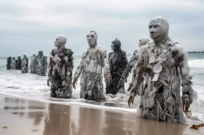 Surreal Humanoid Sculptures Standing In Ocean Surf