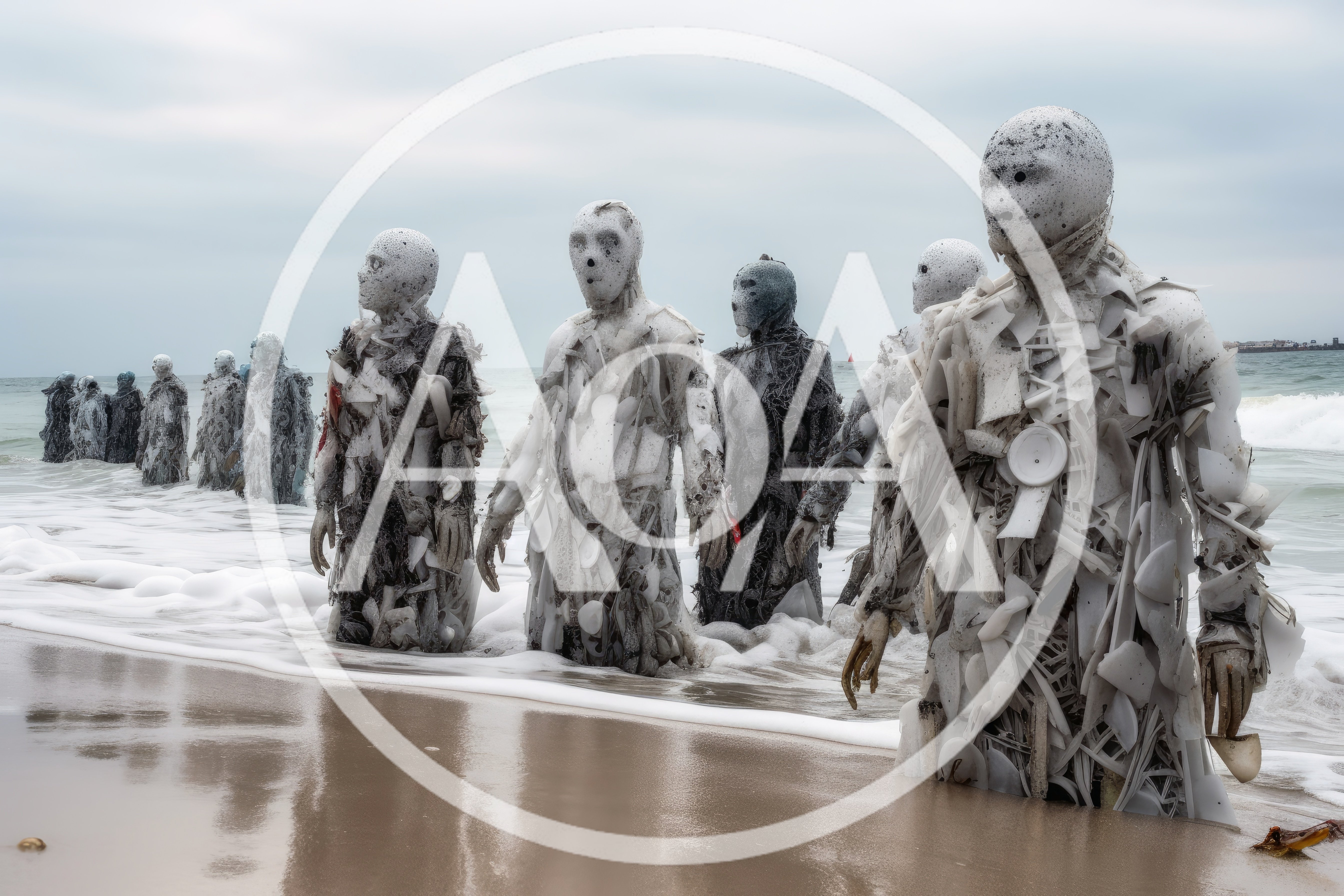 Surreal Humanoid Sculptures Standing In Ocean Surf