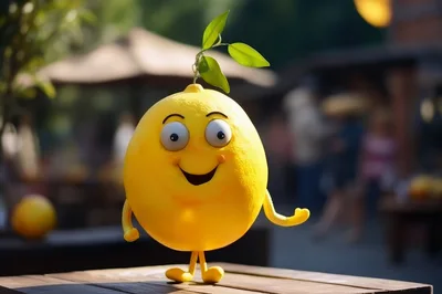 Cute Cartoon Lemon Character Standing On Wooden Table