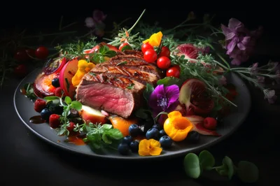 Gourmet Sliced Steak Plated With Berries And Edible Flowers