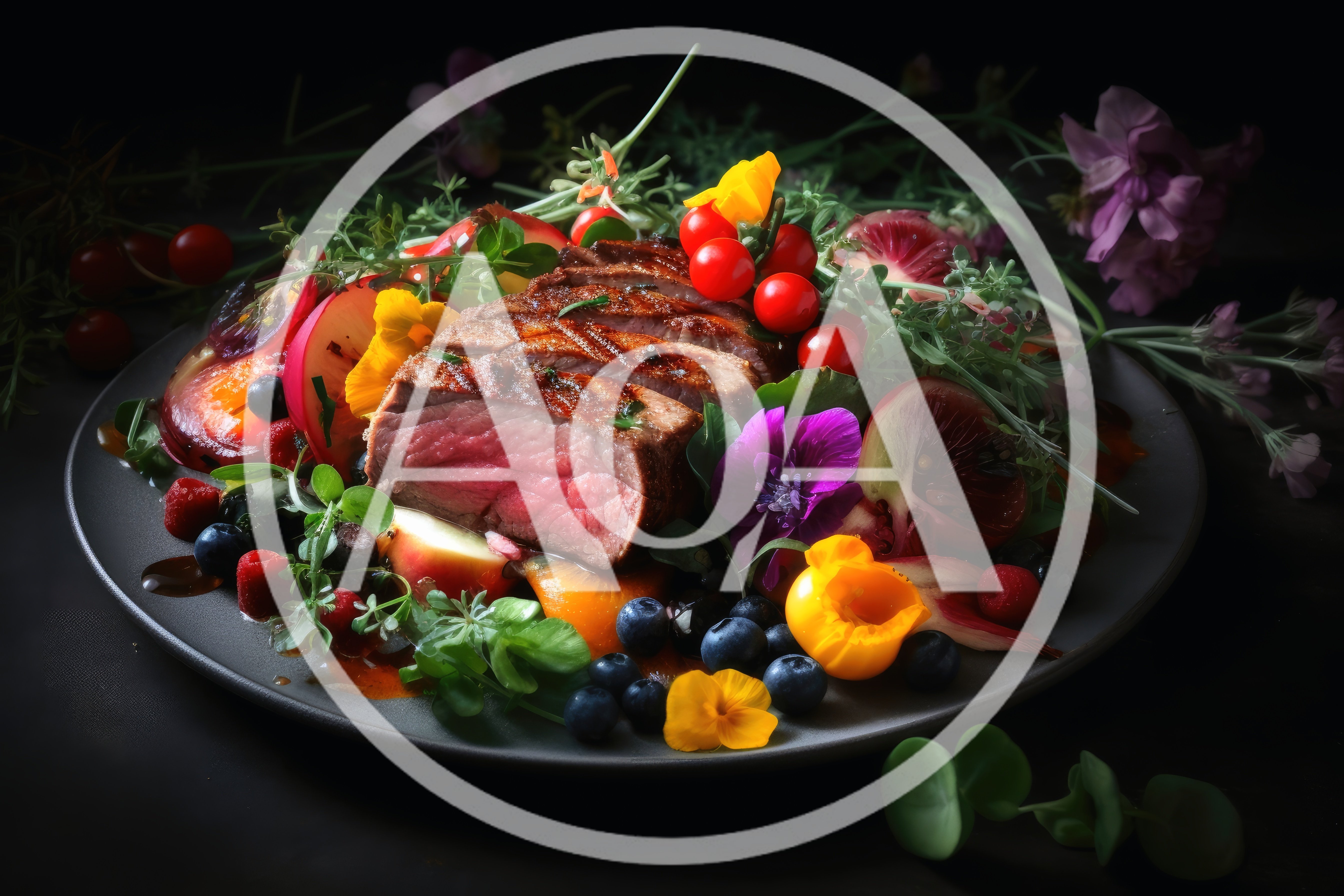 Gourmet Sliced Steak Plated With Berries And Edible Flowers