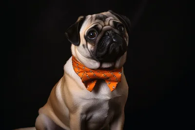 Portrait Of A Pug Wearing An Orange Bow Tie