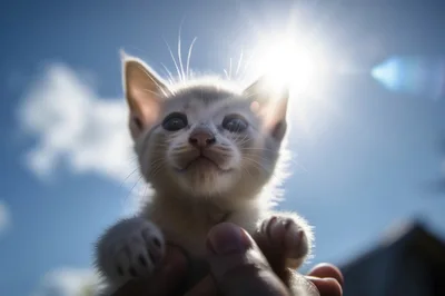 Close Up Of A Cute Kitten Held Against Sunlight