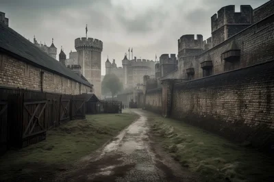 Medieval Stone Castle Courtyard Under Overcast Sky
